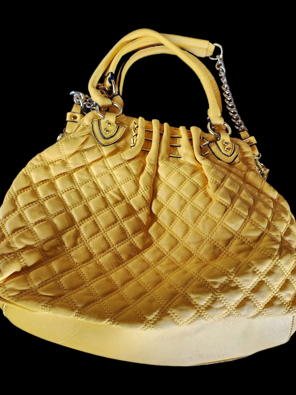 Yellow Quilted Tote Handbag with Chain Accents